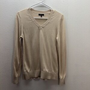 Quince Womens SZ S V Neck Sweater Cashmere Blend Organic Cotton Knit Preppy Tan